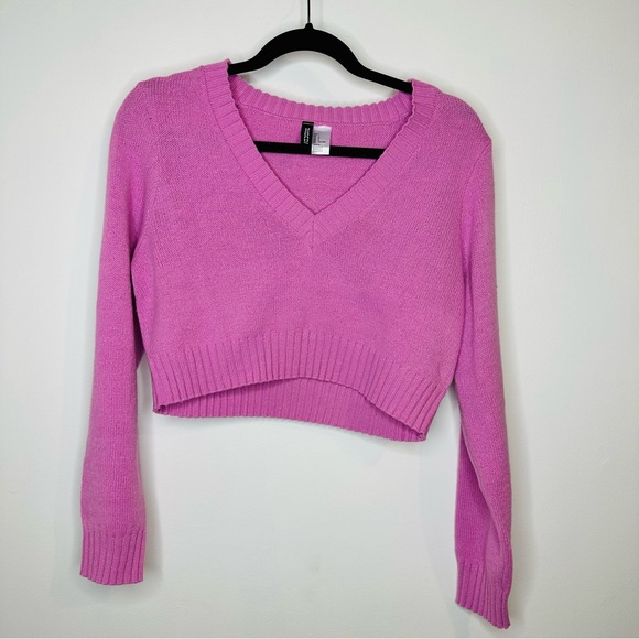 Barbiecore Baby Pink Preppy H&M Deep V-Neck Cropped Sweater Ribbed Details Large - Picture 4 of 8